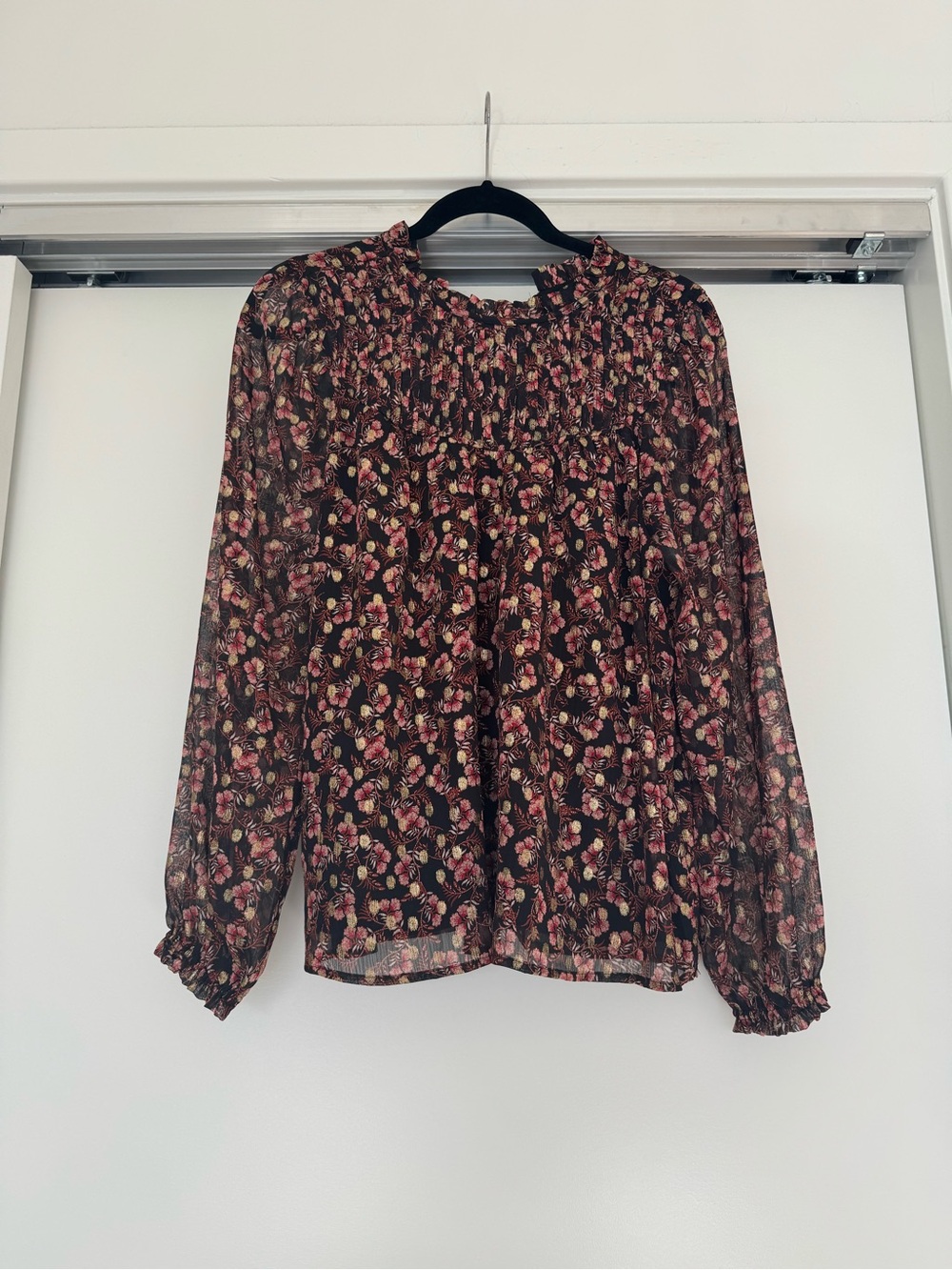 LOFT Floral Smocked Neck Long-Sleeve Blouse - Black/Pink